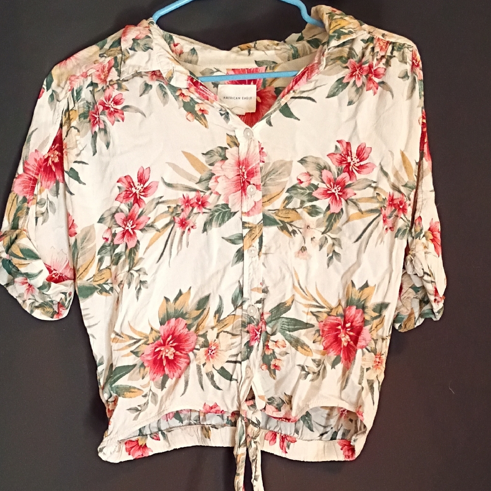 American Eagle Outfitters White Floral Button-Down Shirt with Red & Green Print